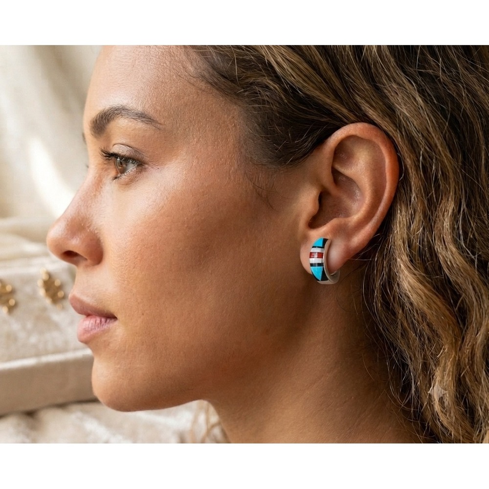 Zuni Handmade Multi Stone Half-Loop Inlay Earrings by Delberta Boone
